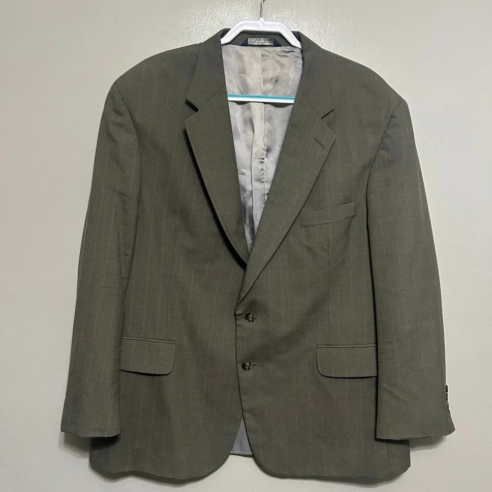 Lands' End Blazer 48R Olive Green Taupe Wool Pinstripe Suit Jacket USA Preppy